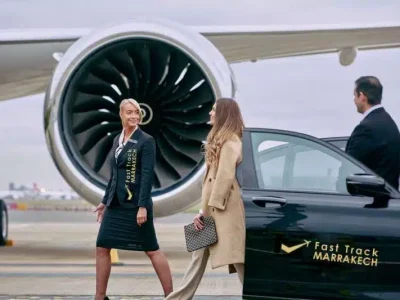 VIP fast track service escorting a traveler from the plane at Marrakech Airport